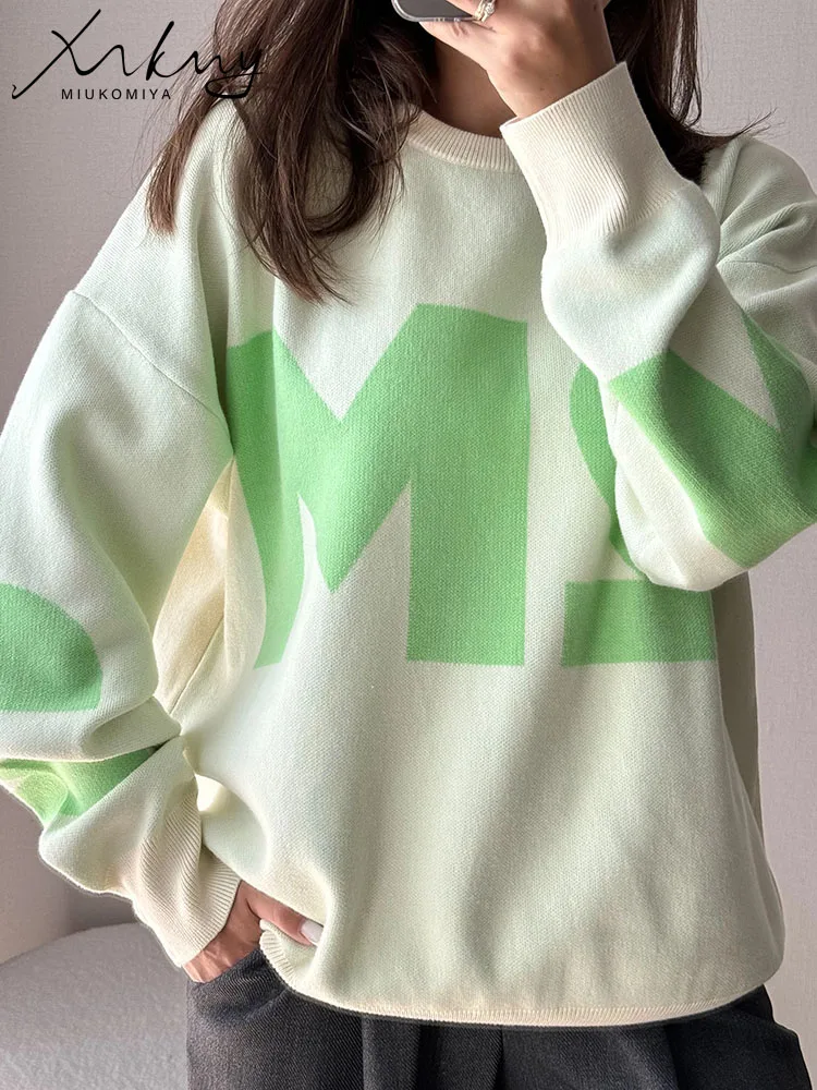 Navy Blue Oversize Letter Sweater Women Crewneck Casual Knitted Loose Pullovers With Letter Green Sweater For Women Winter 2024