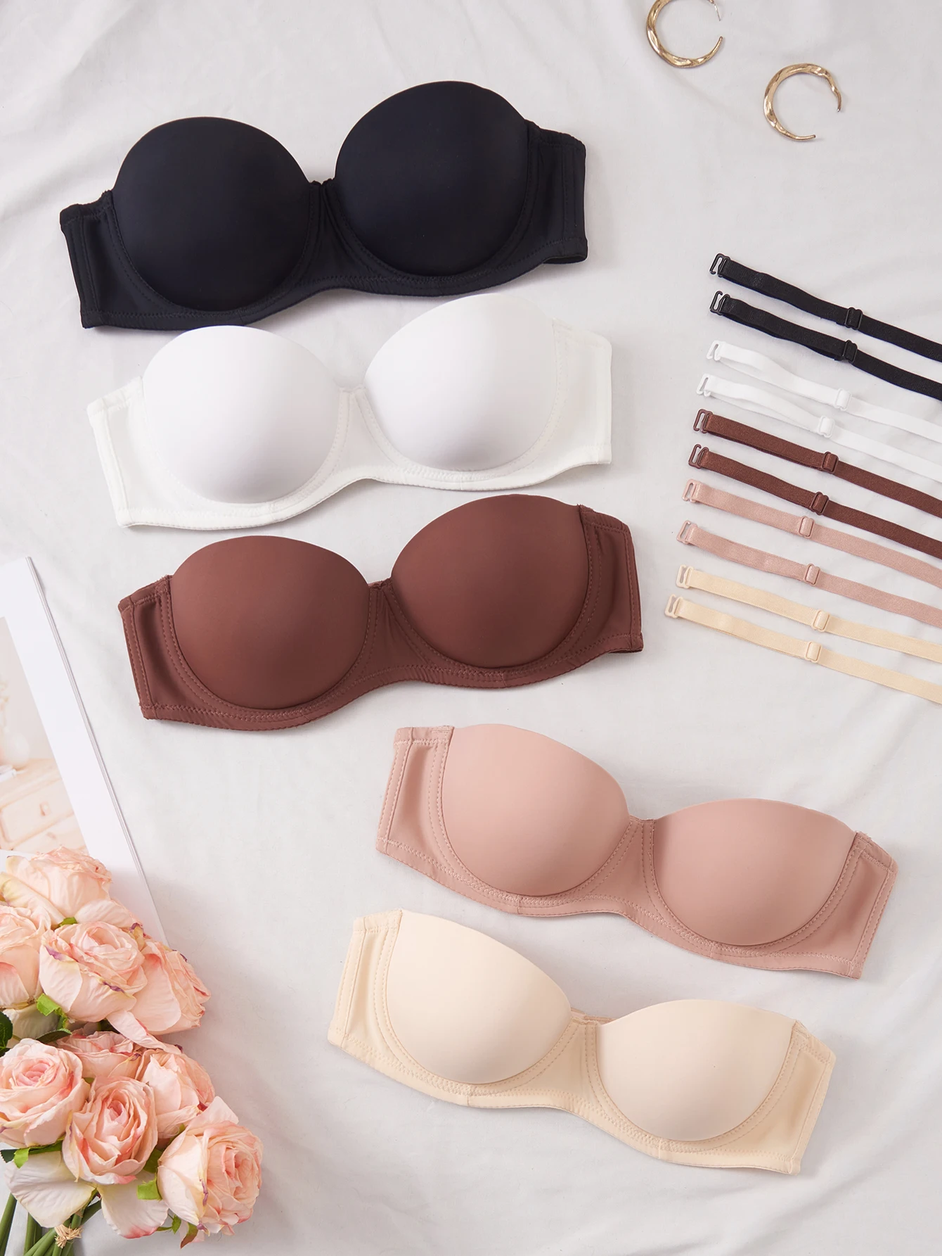 5PCS Solid Women Bras Thin Cup Push Up Bra With Removable Straps Underwire Basic Anti-slip Lingerie Top