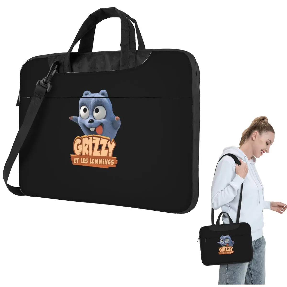 Happy Grizzy And The Lemmings Cartoon Lemmings Bear Square Crossbody Laptop Bag Case Computer Bag 13 14 15.6 InchMacbook Pro