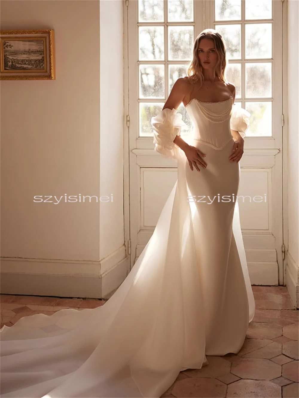 Customized Strapless Mermaid Wedding Dress Floor Length Removable Skirt Bridal Gown Back Corset Bohemian Style for Brides