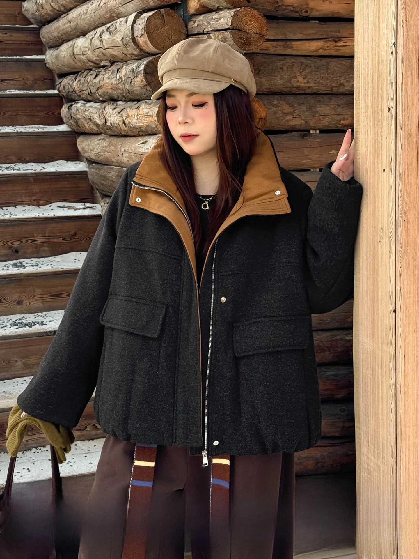 

plus Size Women's Warm Woolen Coat with Cotton Loose Fit Stand Collar Clothing for plus Size Pear Shaped Women
