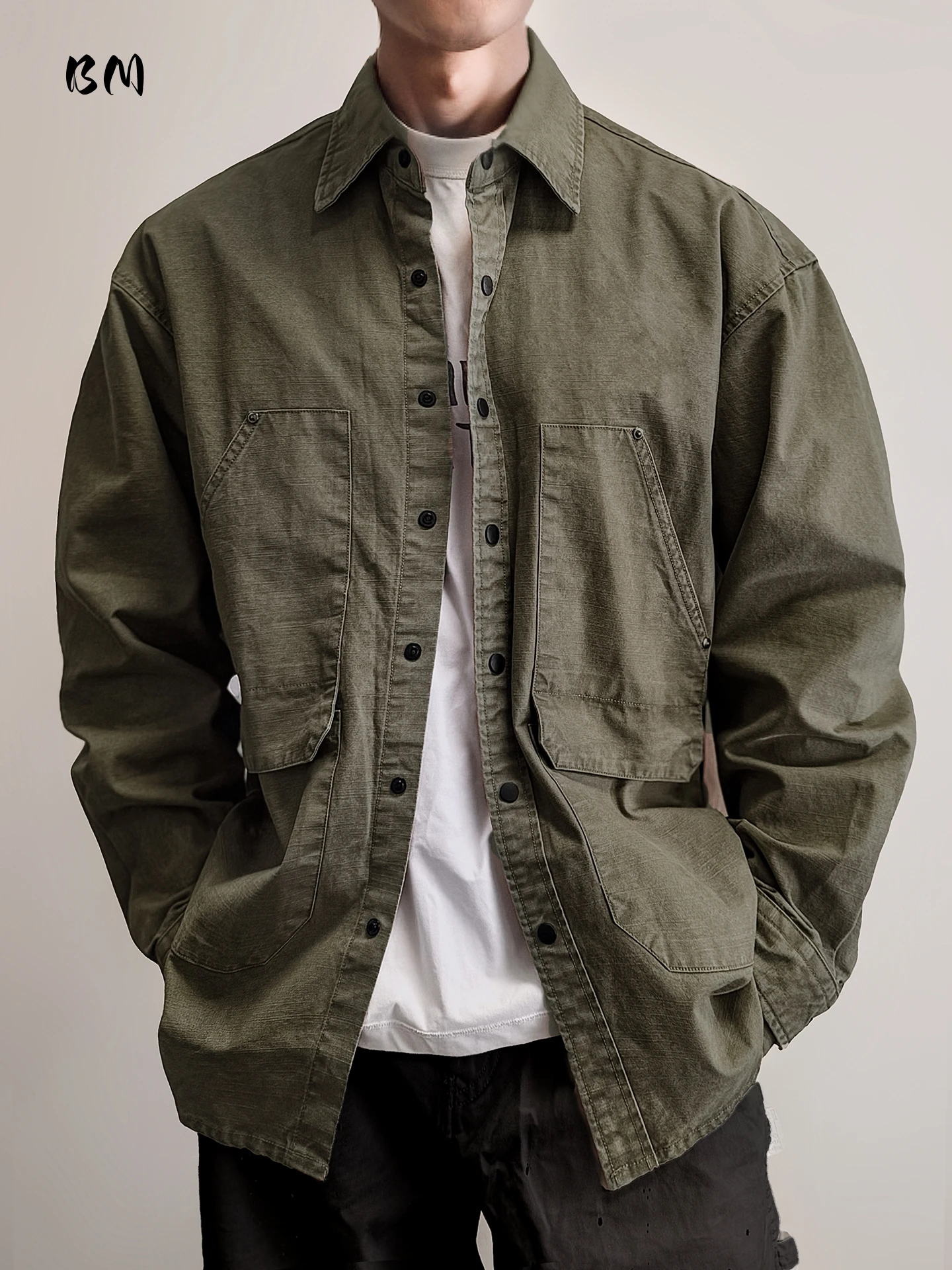 

Mens Vintage Work Shirt Long Sleeve Pure Cotton Casual Loose Fit Plus Size High Quality Spring Autumn Army Green Japanese Style