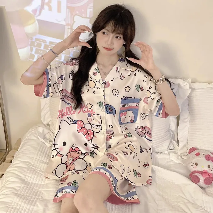 

Sanrios Hello Kittys Ice Silk Pajamas Women New Summer Kawai Cinnamoroll Thin Short Sleeve Short Simulated Silk Home Clothes Set