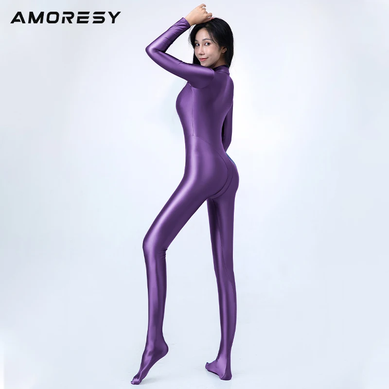 Amoresy glänzend glatt wettbewerbs fähig einteilig Cosplay Öl Langarm dünne Strumpfhose Workout Sport Catsuits Reiß verschluss Stram pler Overalls