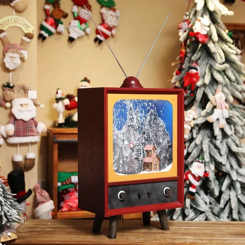Beautiful TV Shape Craft Indoor Antique Santa Scene Christmas Snow Lantern Snowing Radio Shape  With Music and Led Light