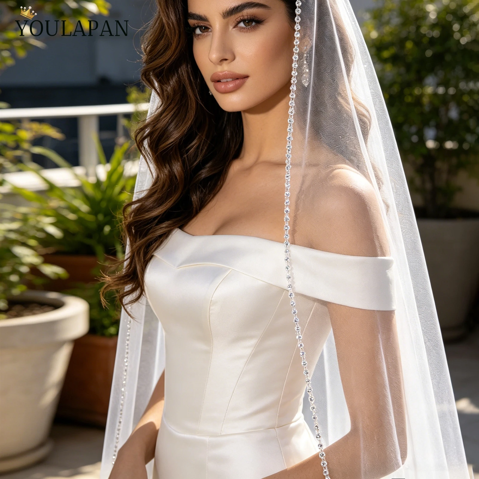 TOPQUEEN V138 Crystal Edge Bridal Veils Chapel Length Wedding Veil 1 Tier Chapel Veil With Rhinestone Trim Wedding