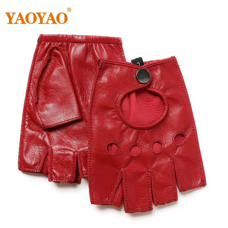 Guantes de cuero para hombre, sin dedos, transpirables, de piel de cabra, rojo, sin forro, para montar en motocicleta al aire libre