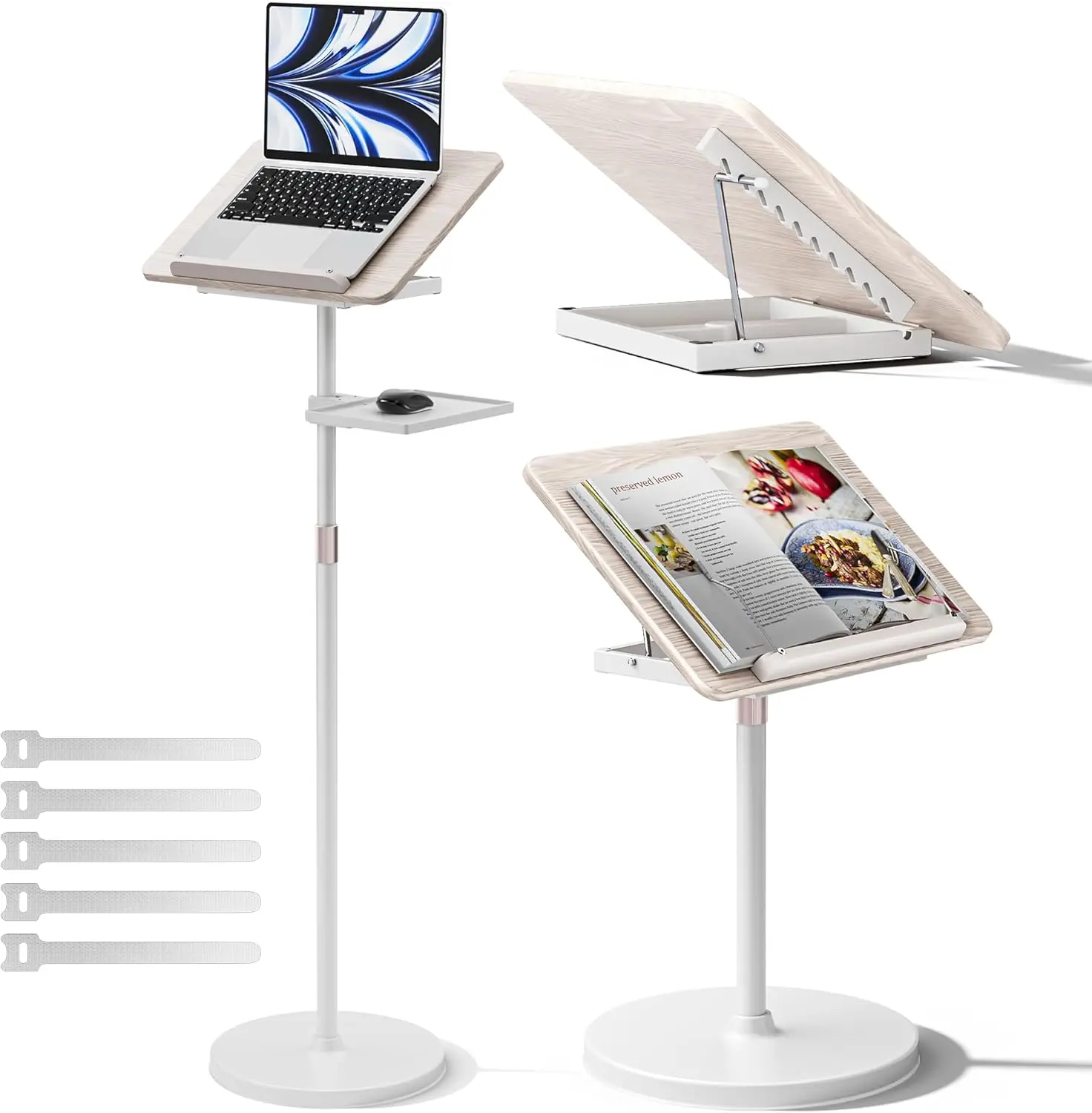 Adjustable Book Stand 2-in-1 Floor and Desktop Holder with Page Clips, Height 23.5-52 in for Music Sheet, Tablet, Laptop