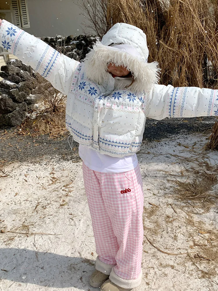 

Women's Autumn Winter Geometric Furry Hooded Long Sleeve Loose Cotton Padded Coat Lady Casual Warm Quilted Short Outwear