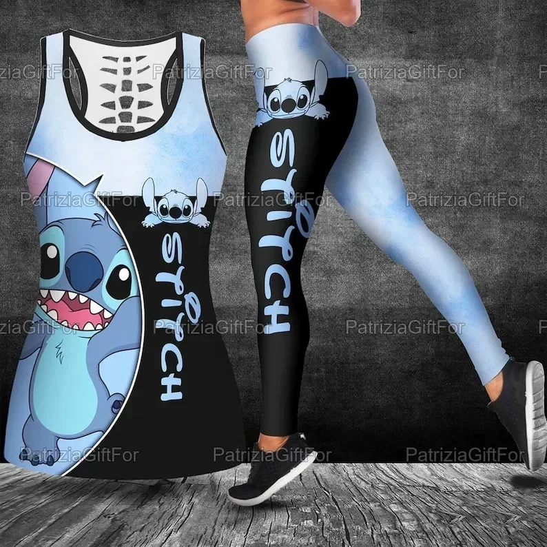 Wyszywane damskie podkoszulek legginsy zestaw do jogi letnie legginsy Fitness dres Disney Hollow Tank Top komplet legginsów