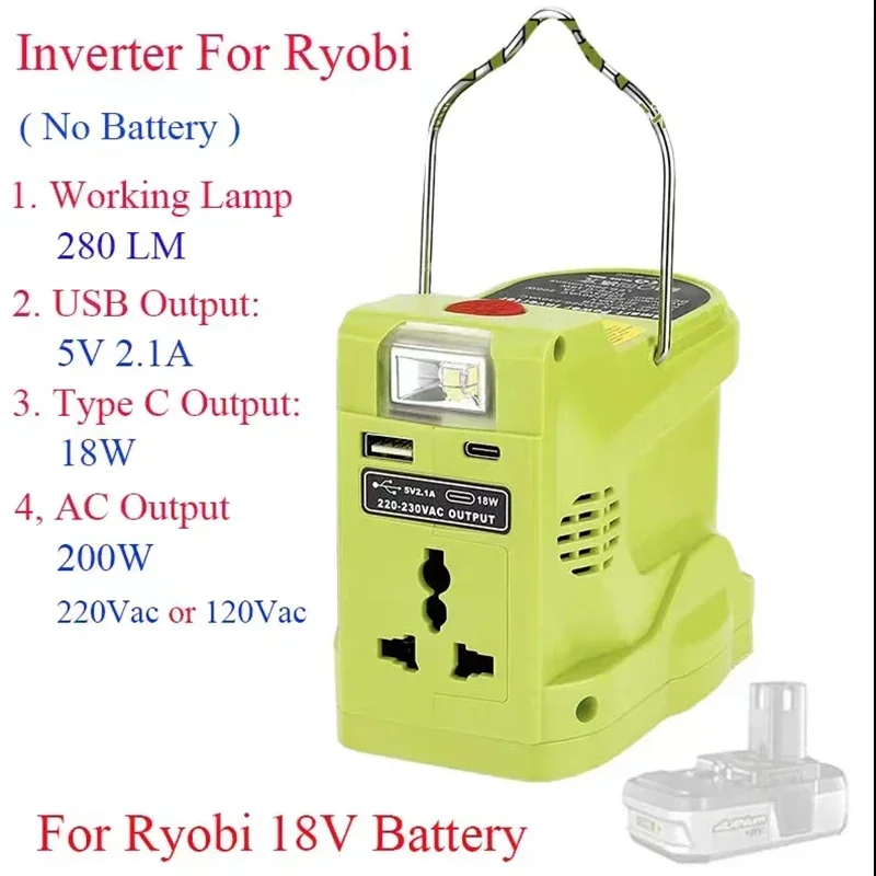 200W Lithium Battery Inverter LED Work Lamp USB Power Bank For Ryobi 18V Li-ion Nickel Battery P102 P103 P104 P105 P107 P108