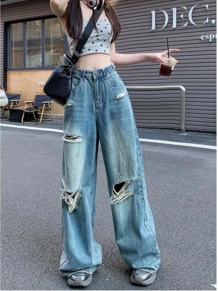 

Vintage Pants, Jeans, Women's Torn Wide Leg Pants, Summer High Waisted, Slimming, Loose Fitting Long Pants, Women's Jeans