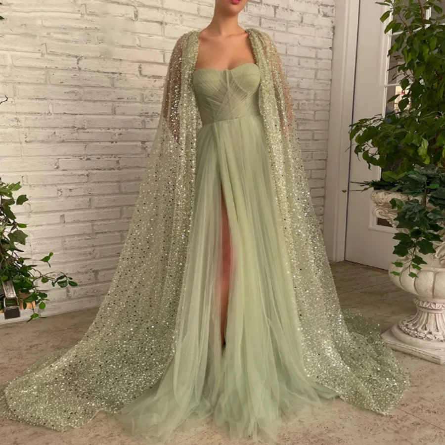 OUSIRUI Sweetheart High Slit Tulle Evening Gowns Formal Party Gown Sage Green A-Line Prom Dresses With Glitter Sequin Lace Cape