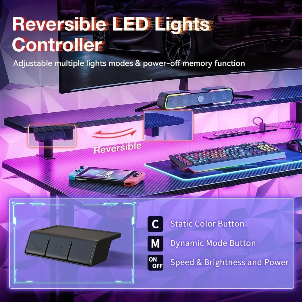 Pequeño escritorio para juegos con luces LED y tomas de corriente, mesa para juegos de escritorio para computadora de 31 pulgadas con estante para monitor, escritorio para jugadores con carbono