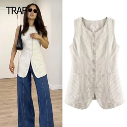 TRAF Women's Vest Spring Summer 2024 Striped Long Waistcoat O-Neck Sleeveless Vests New In Outerwears Fashion Working Waistcoat