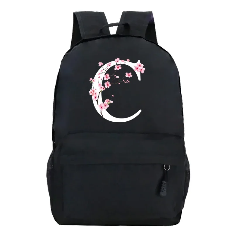 Youth School Backpacks Sakura Flower A-Z Alphabet Large Capacity Canvas Harajuku Fashion Zipper Aesthetic Shoulders Black Bags