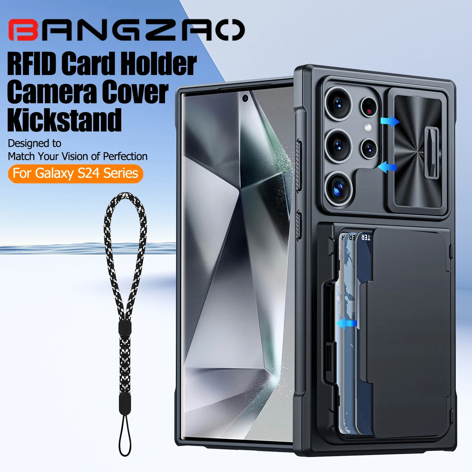 

Подставка для кошелька Galaxy S24 Plus/24 Ultra, держатель для RFID-карт, чехол для камеры, прочный противоударный силиконовый чехол на весь корпус - черный