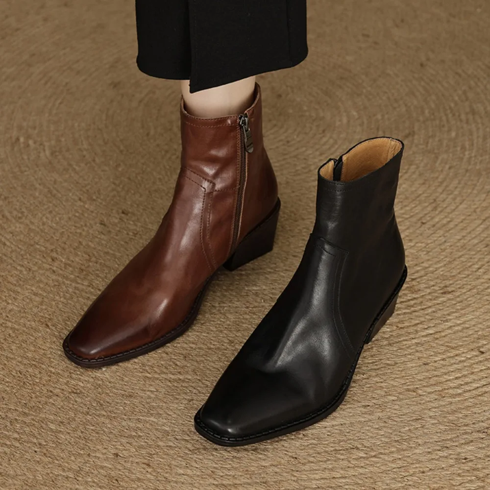 New Trend 2026 Winter Genuine Leather Women Ankle Boots Fashion Ladies Pointed Toe Side Zipper Block Heeled Boot(Black/Brown)