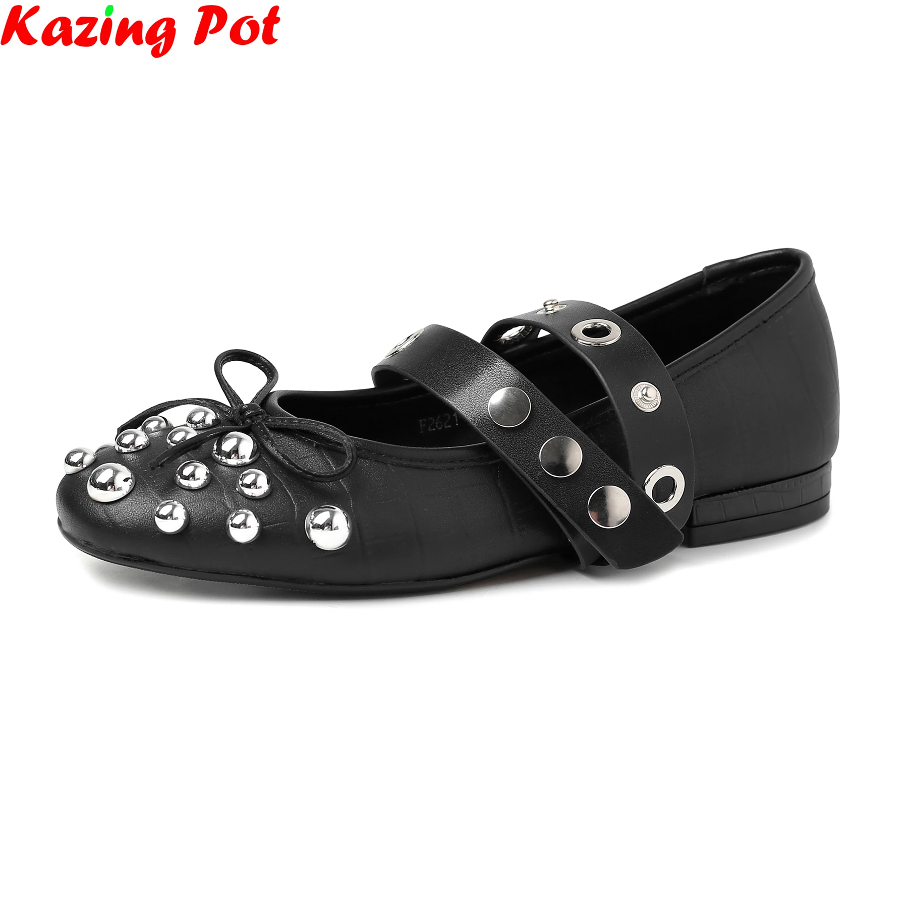 Krazing Pot Cow Leather Ballet Dance Shoes Square Toe Modern Dating Mary Janes Shallow Office Lady Rivets Catwalk Women Flats
