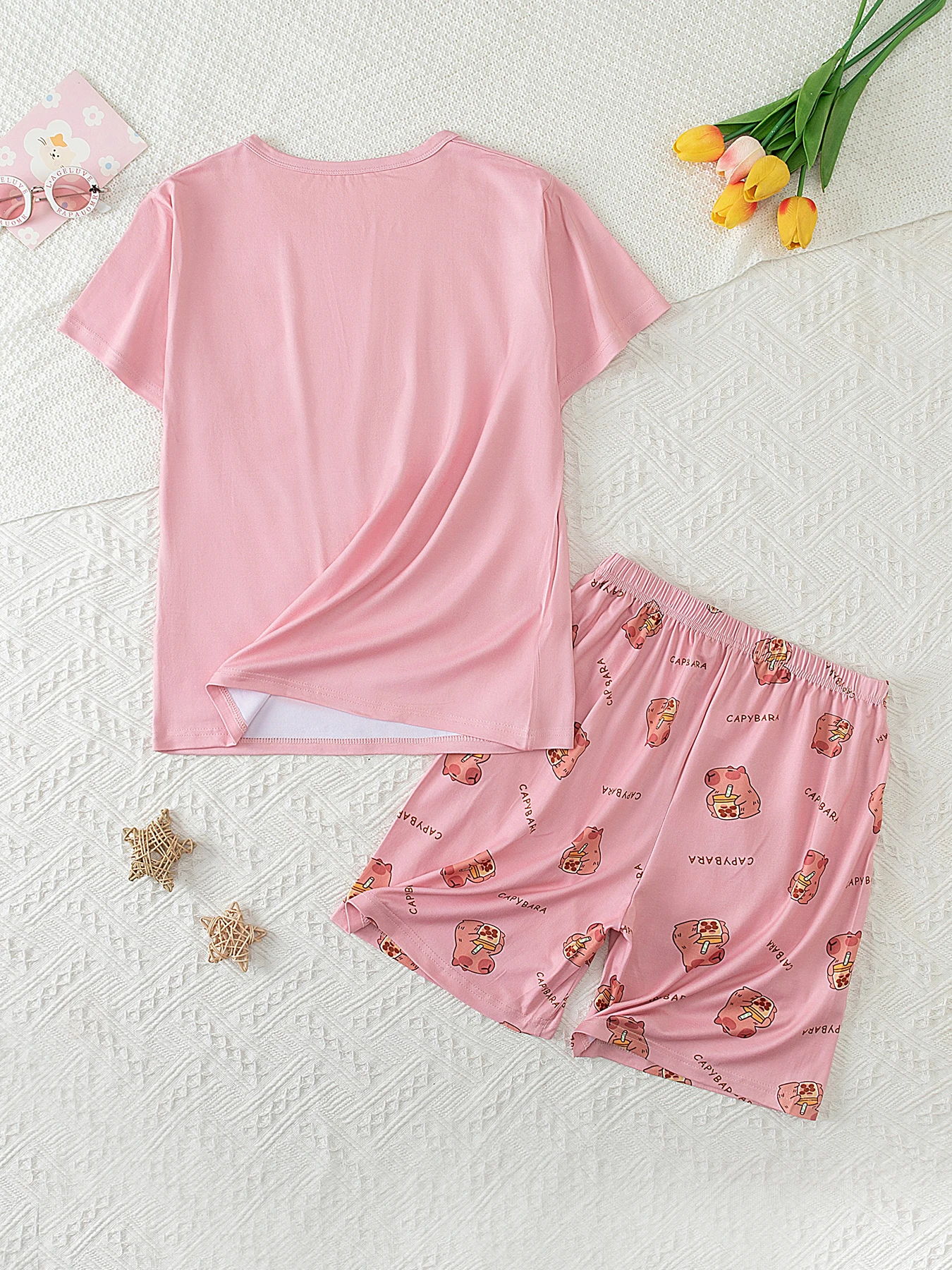 2-teiliges Set aus süßen und niedlichen Kurzarm-Shorts für Teenager-Mädchen, lässiges und vielseitiges Schlafanzug-Set für Mädchen in der Mittelstufe – Detail 6