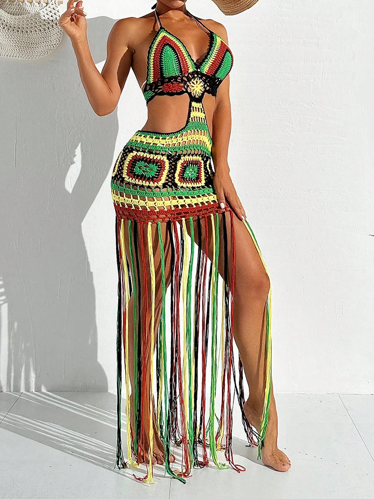 المرأة الصيف الكروشيه الرسن العميق الخامس الرقبة التستر متعدد الألوان ملابس السباحة طويلة شرابة بيكيني فستان منسوج التستر عارية الذراعين بحر