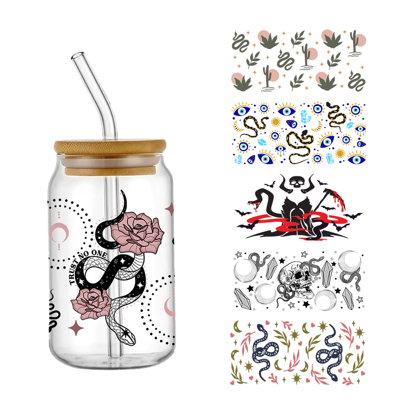 

Evil Eye and Snake Scary Design Best Seller 3D UV DTF Cup Wrap Transfers Stickers Labels Durable Waterproof Logo 16oz Glass Wrap