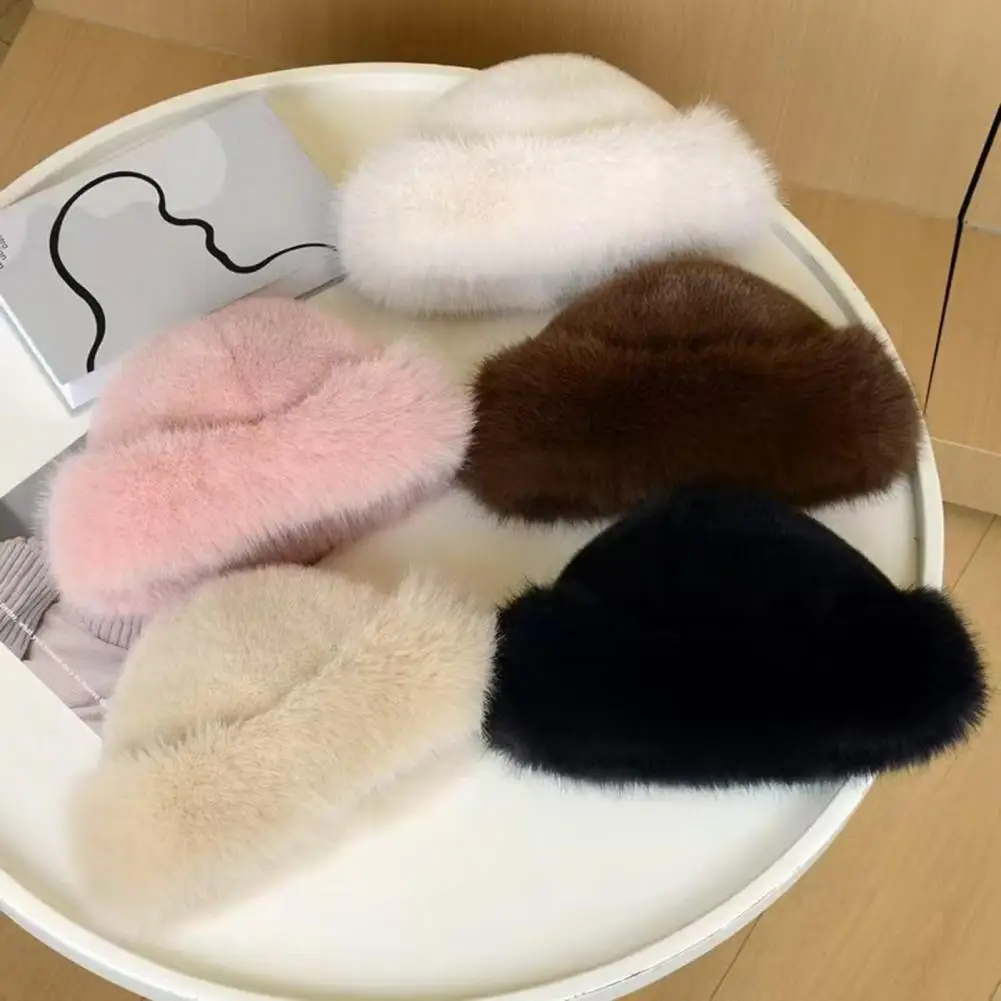 Plush Bucket Hat Faux Fur Winter Bucket Hat Thickened Plush Headwear Soft Texture Warm Solid Color Cap for Weather Gentle Feel