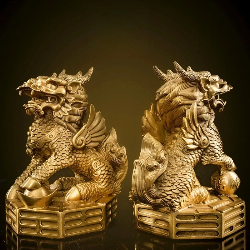 Male & Female Pair Pure Brass Kylin Figurine Bagua Qilin Statue Feng Shui Home Office Living Room Desktop Decor