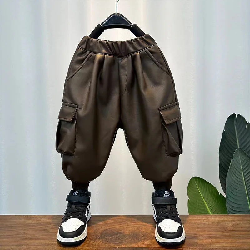 new-children's-boots-and-baby-thick-warm-loose-leather-pants-casual-pants-boys'-autumn-and-winter-velvet-pants-2025