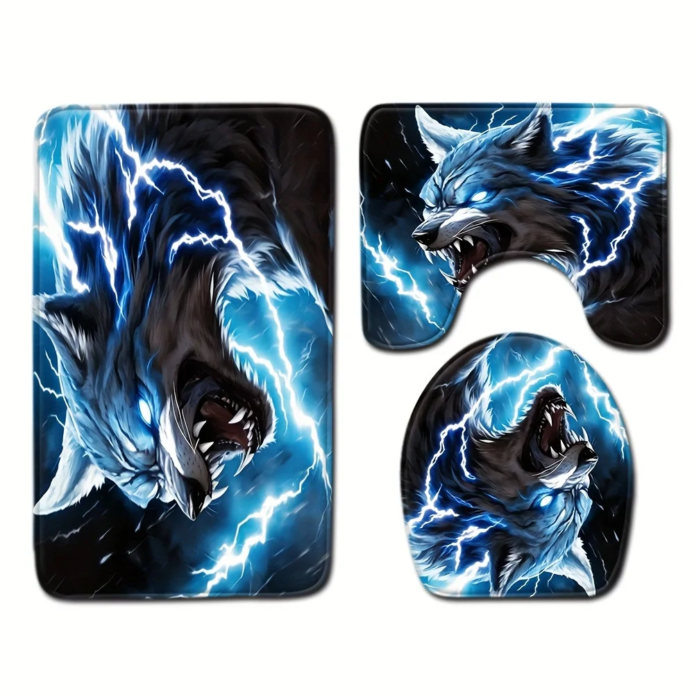 

Cool Wolf Lightning Bathroom Rugs Set 3pcs Non Slip Soft Floor Mats for Toilet Sink Bath Home Decor