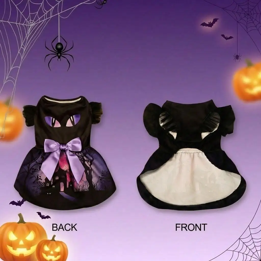 Halloween-Kostüm für Hunde und Katzen: Schwarzes Katzenaugen-Tutu-Kleid mit lila Satinschleife, Prinzessinnenrock für kleine und mittelgroße Hunde und Katzen – Detail 5