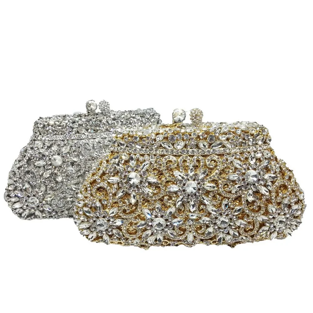 Boutique De FGG (in stock) Flower Crown Clutch Silver Crystal Evening Handbag Women Party Prom Bag Bridal Clutches Wedding Purse