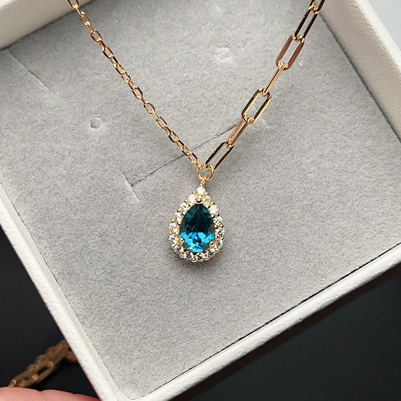 VVS Grade London Blue Topaz Necklace Pendant 5*7mm Natural Topaz Pendant for Party 18K Gold Plating 925 Silver Gemstone Jewelry