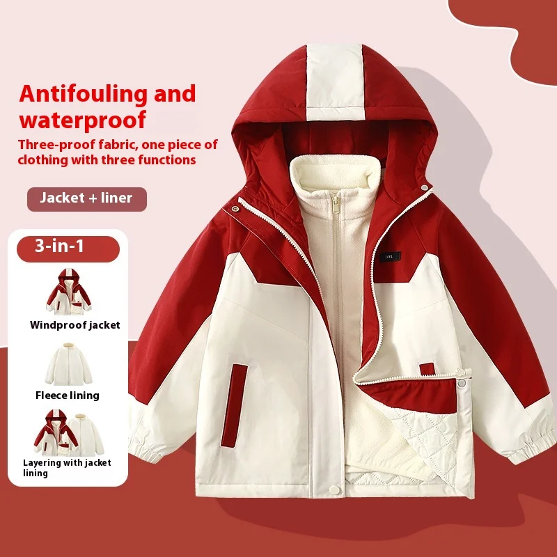 Kids Outerwear Waterproof Windproof Thermal Jacket Fleece Lined Winter Coat Detachable Hood Outdoor Windbreaker for Boys Girls