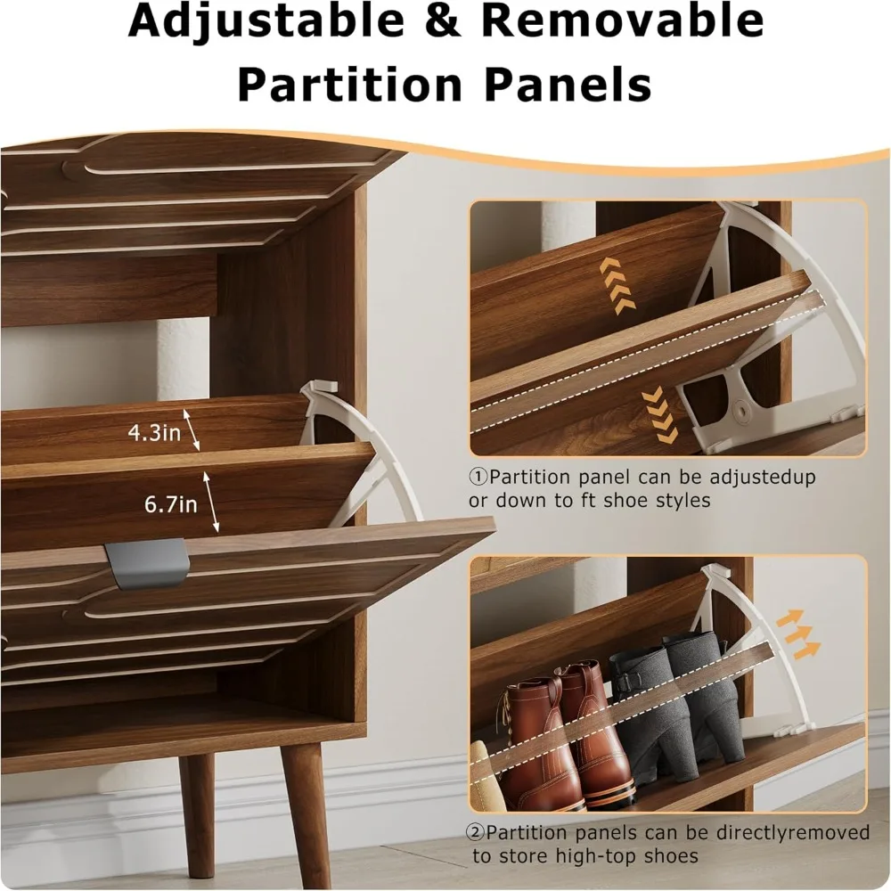 خزانة تخزين أحذية الجوز مع درجين قابلين للطي للمدخل، خزانة تنظيم رف الأحذية الضيقة مع أبواب للممر #4