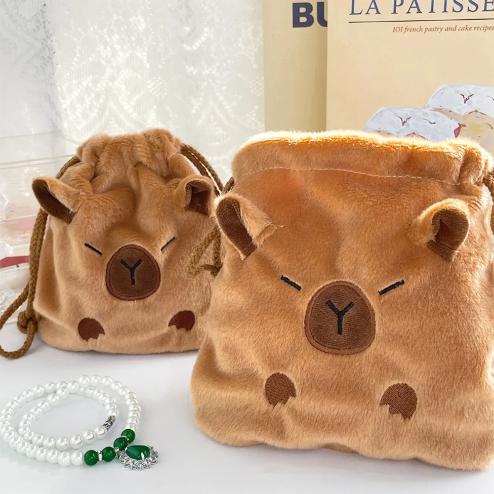 Animal Capybara Plush Bundle Pocket Stuffed Cute Capybara Drawstring Bag Makeup Bag Large Capacity Cartoon Storage Bag