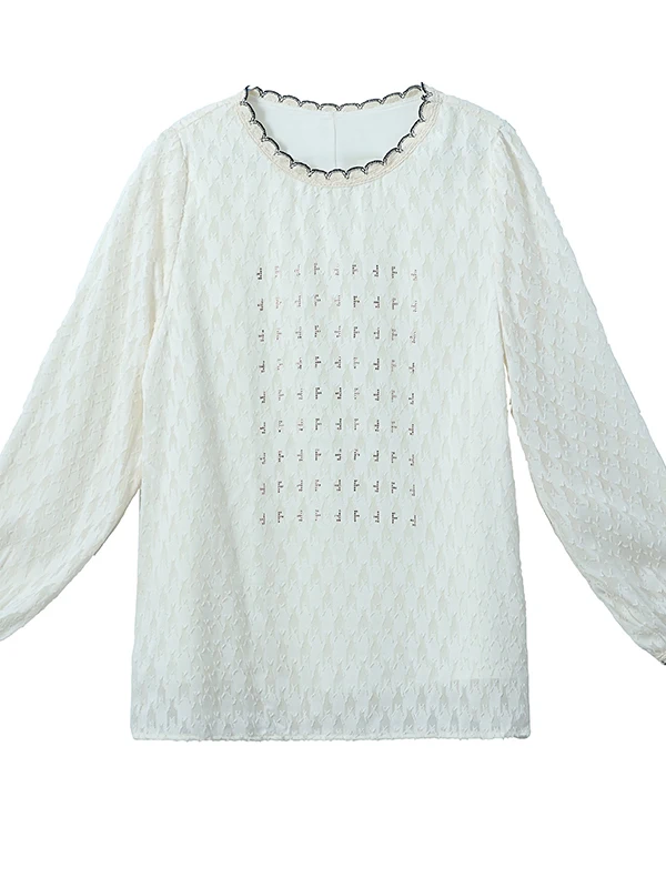 

Ele round Ne Embroidered Long Sve Women's irt Sense Diamond Studded Spring Autumn New Sle Loose Fit Top