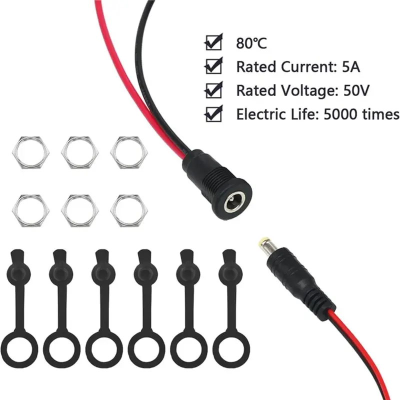 AB34-6 Sets DC Power Jack Threaded Female Panel Mount Connector Adapter Kit With Cover Cap