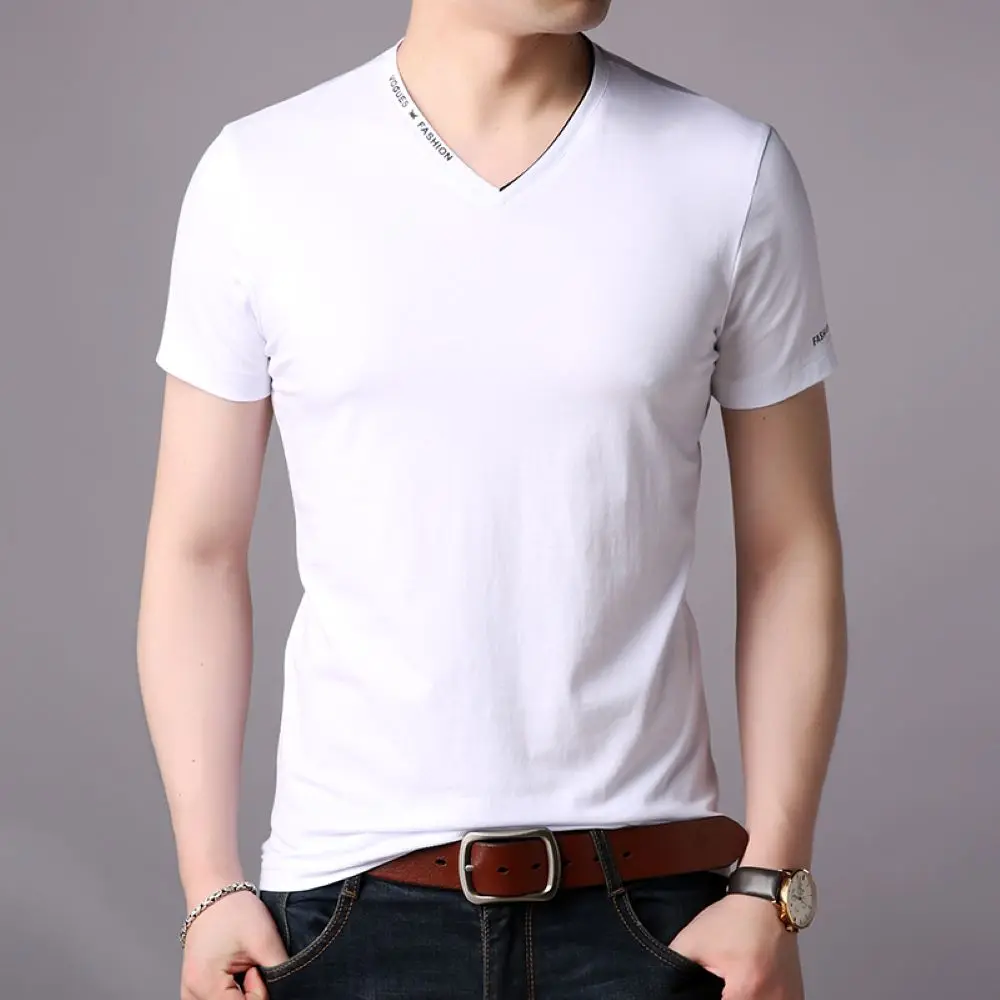 

COODRONY Brand Cotton Tee Shirt Letter V-Neck T-Shirts Summer Men Clothing New Classic Short-Sleeve Business Casual Tops W5515