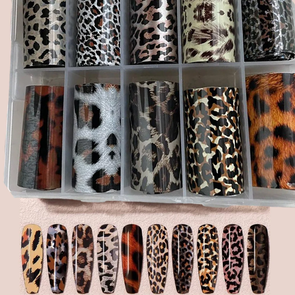 10Rolls/Box Brown Series Leopard Print Nail Foils Sticker Turtle Amber Wild Animal Skin Nail Transfer Decals DIY Manicure Wrap 1