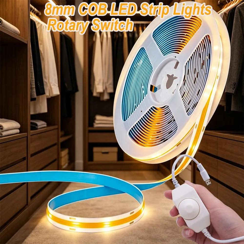 USB COB LED Strip Lights 8mm Flexible LED Light Strip with Dimmer Dimmable Brightness, 5V USB interface for Indoor/Bedroom