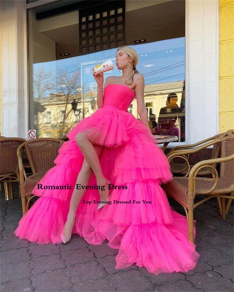 Xijun Red Tulle Evening Dresses High Side Slit Prom Dress 2023 Formal Women Celebrity Sleeveless Tiered Graduation Party Dresses