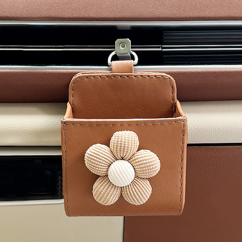 Cute Cartoon Car Hanging Storage Bag Auto Styling Flower Outlet Air Vent Trash Box for Mobile Phone Holder Pouch Organizer Women