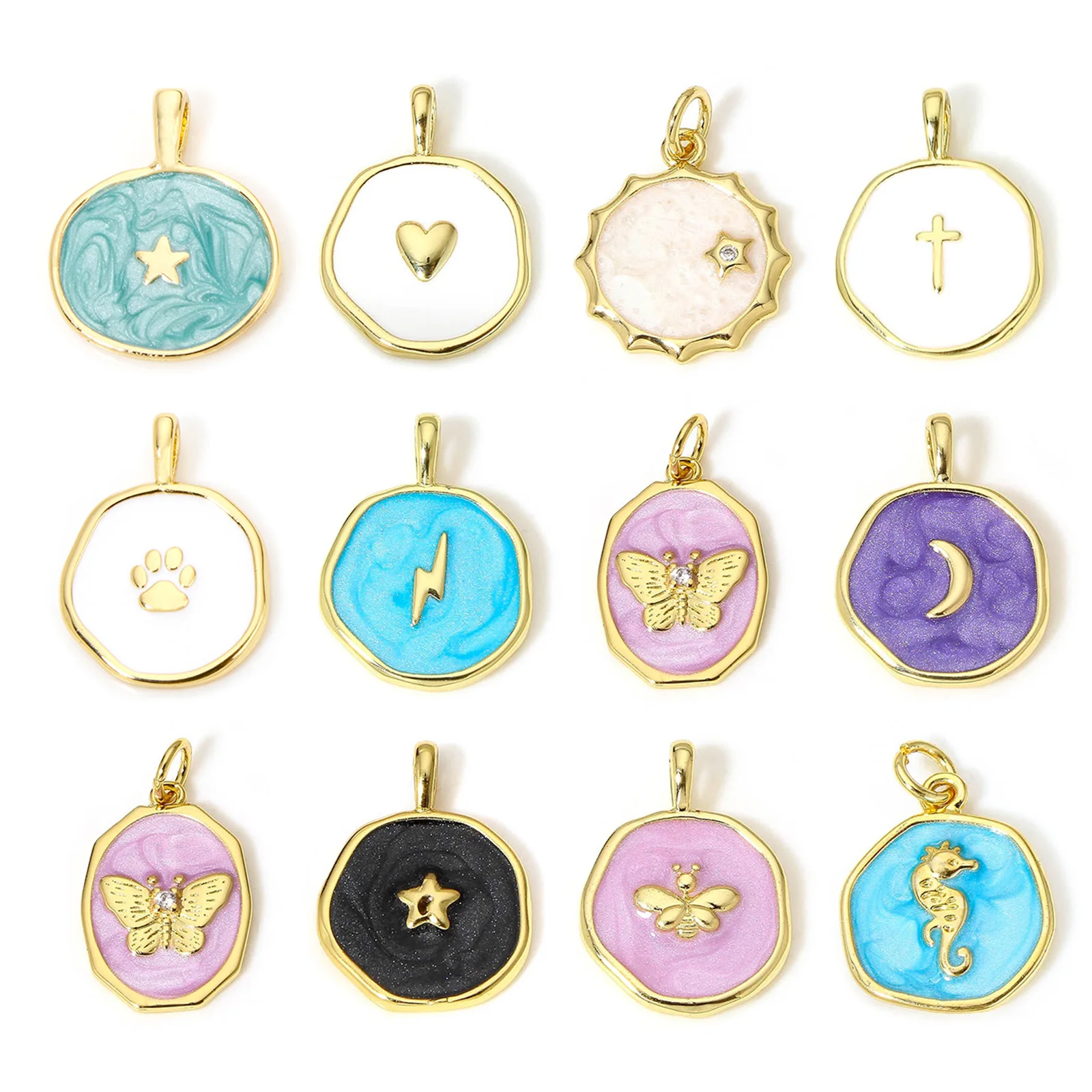1 Piece Brass Concise Brass Moon Lighting Charms For Jewelry Making 18K Real Gold Plated Irregular Pentagram Star Enamel Pendant