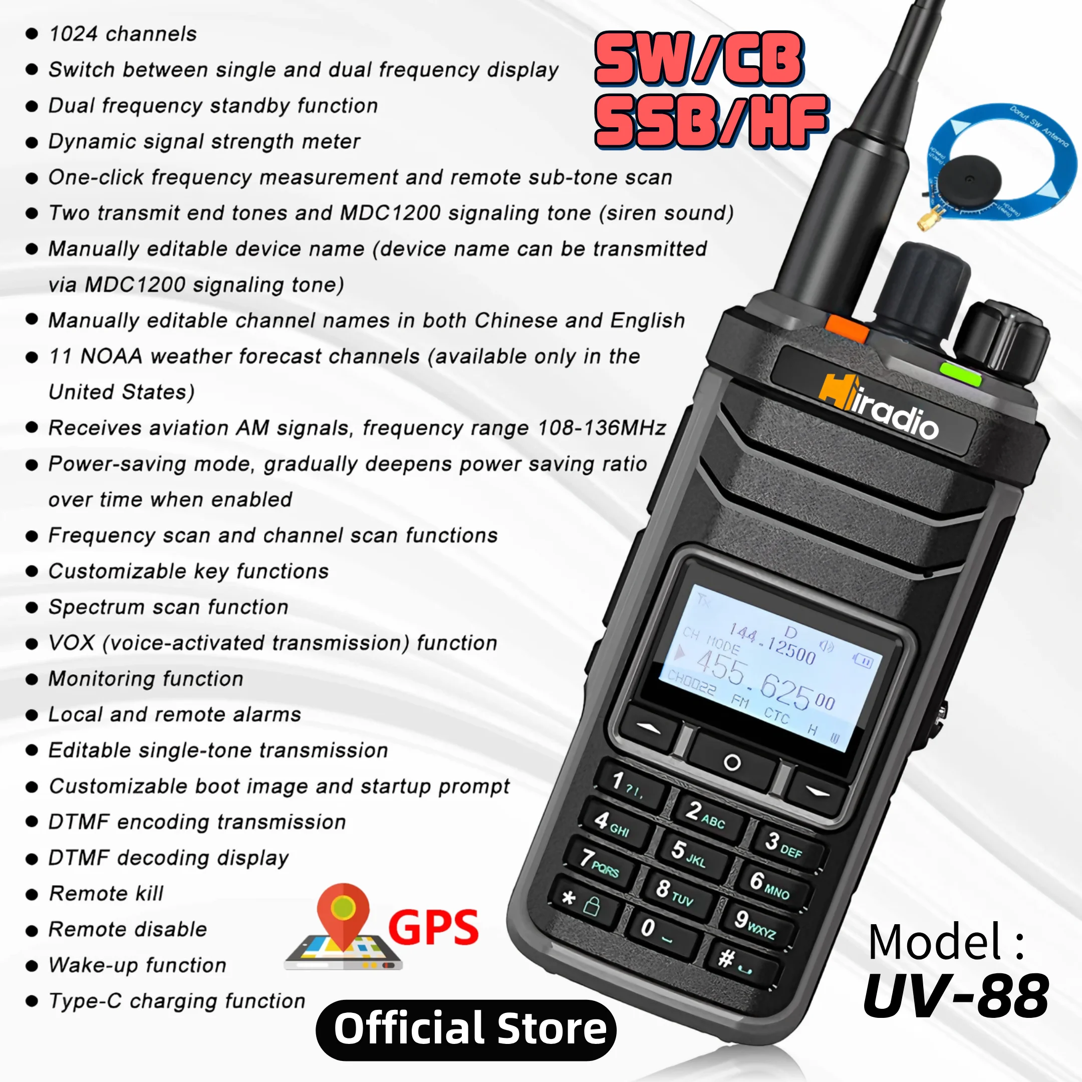 Iradio Y23UV-88 RADIO GPS Multi Band Ham Radio HF UHF VHF Dual Band with AM USB LSB CW CB LW MW SW SSB Reception, 1024 CH Type-C