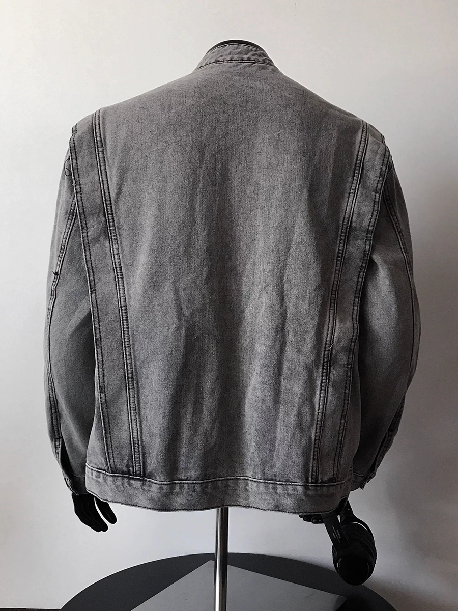 ReddaChic jaren 2000 Distressed Heren Denim Bomberjack Vintage Vuile Gewassen Lange Mouw Zip-up Jean Jas Biker Moto Streetwear