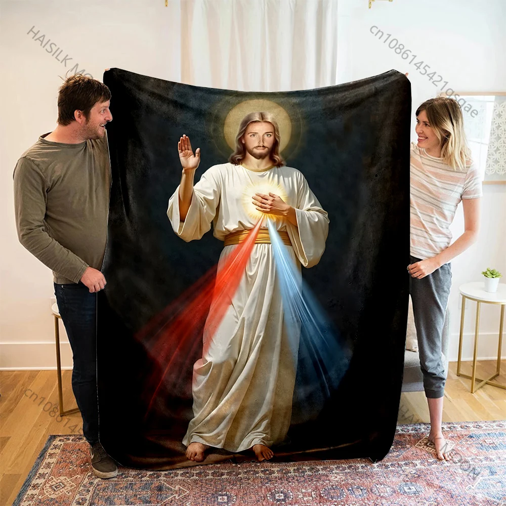 1PC Holy figure with red-blue rays Print Blanket Warm Soft Fluffy Kids Adult Sofa Bed Throw Blanket Outdoor Travel Camping RV