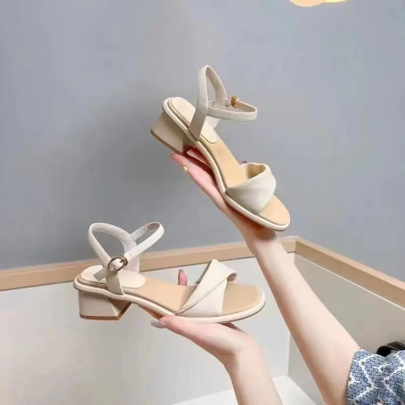 Fashion Buckle Sandals Women's 2024 Summer New Elegant Princess Kawaii Feminine Style Thick Mid Heel Women's Shoes