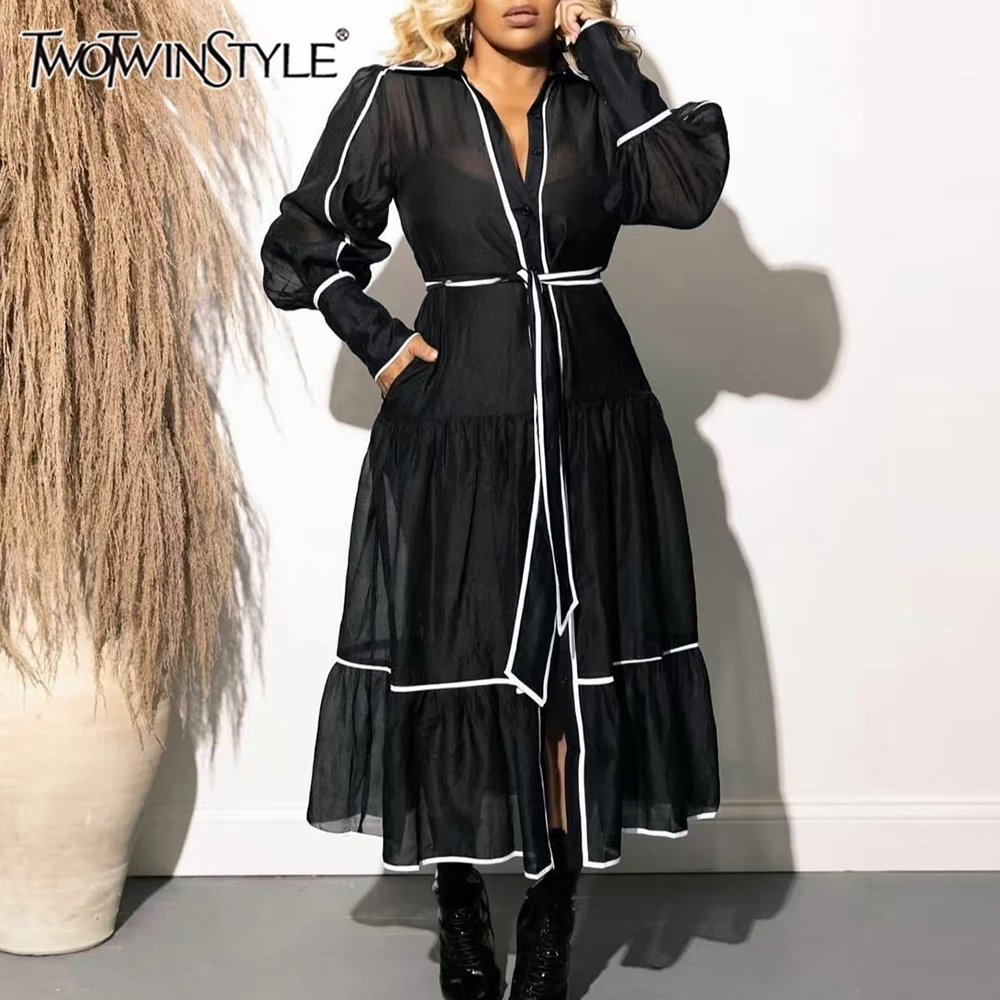 

TWOTWINSTYLE Colorblock Slimming Temperament Midi Dresses for Women V Neck Long Sleeves Patchwork Stripe Dress Female Clothing
