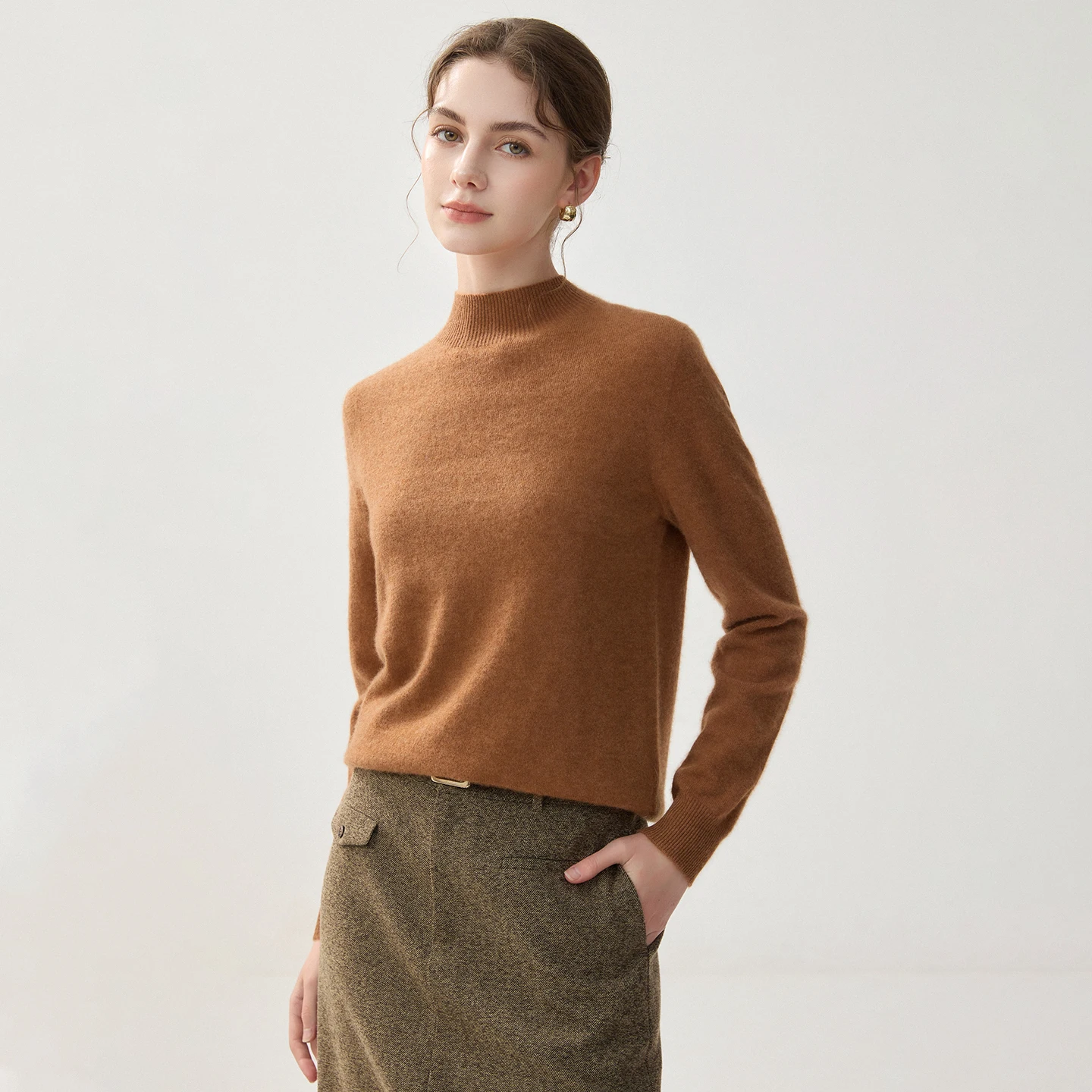 2026 Autumn/Winter New Half High Collar Cashmere Knitted Hoodie for Women, 100% Pure Cashmere Thickened Inner Sweater Bottom Top